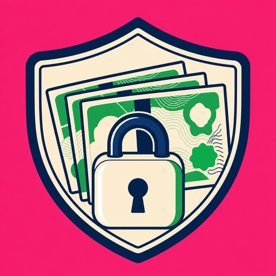 A shield with money and a padlock