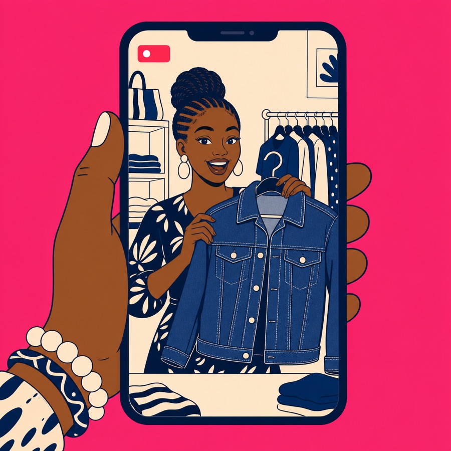 A seller showing a denim jacket on a live show